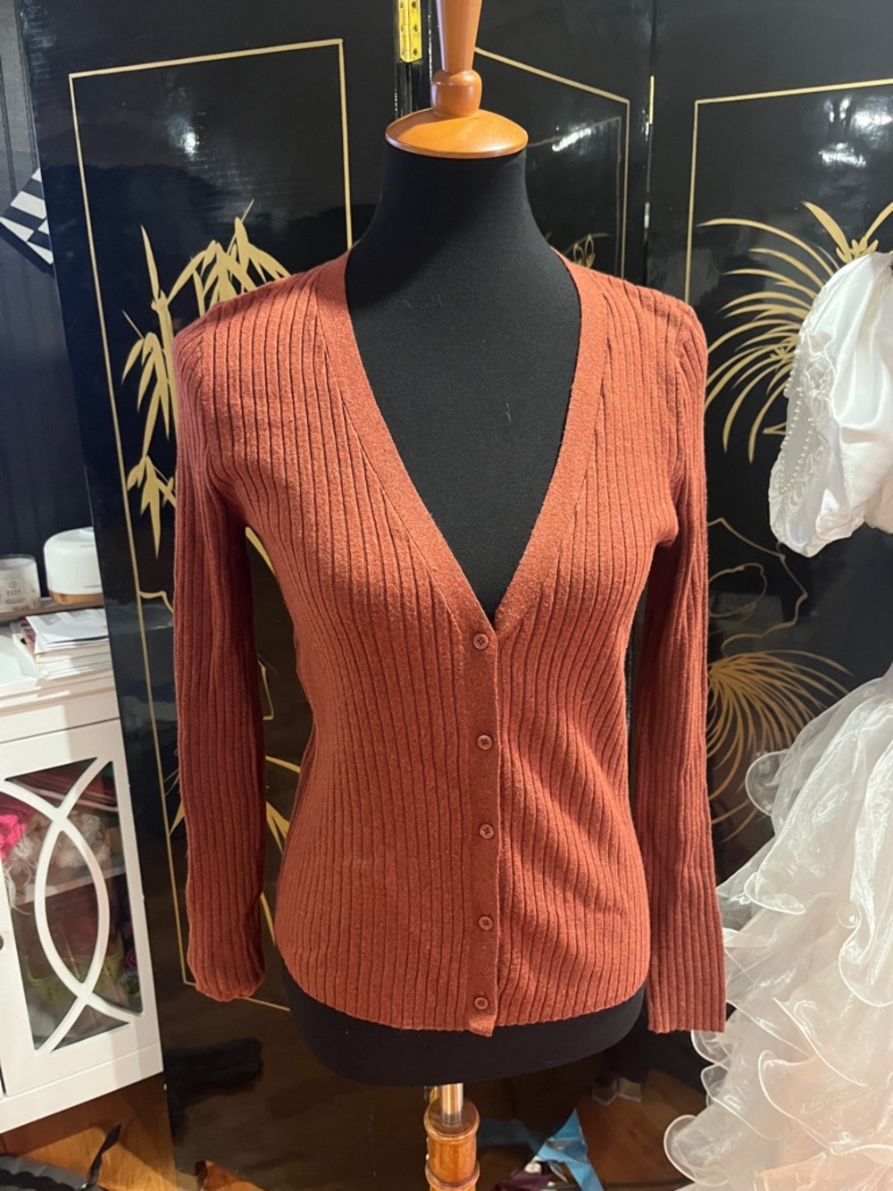 a new day Rust Ribbed V-Neck Button Cardigan